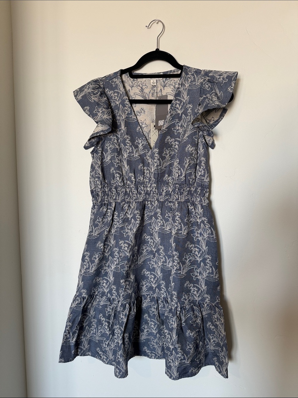 She + Sky Blue Floral V-Neck Ruffle Sleeve Denim Dress